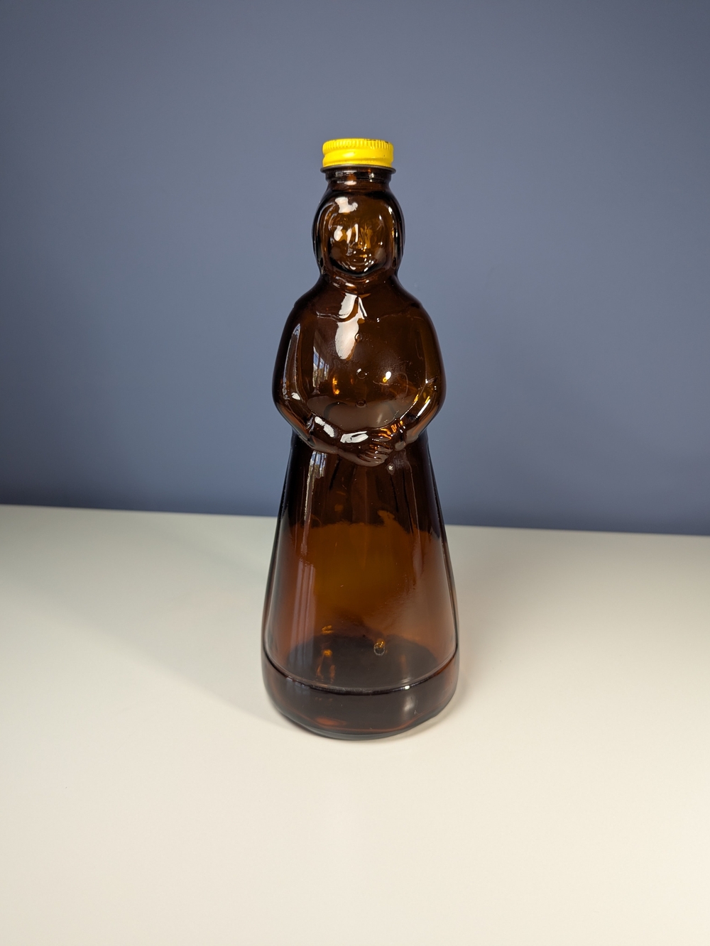 Vintage Mrs. Butterworth Amber Glass Syrup Bottle -10"- Original Yellow Cap